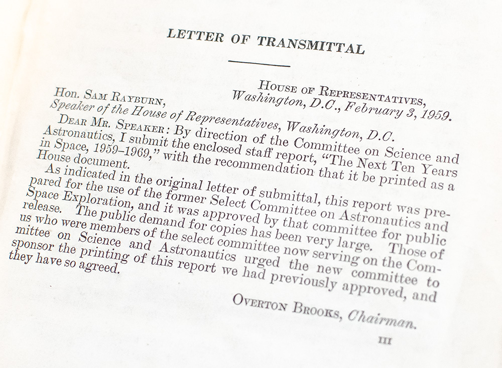 Gus Grissom Annotated Staff Report of the Select Committee on Astronautics and Space Exploration: The Next Ten Years in Space 1959-1969.