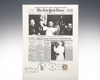 Mother Teresa and Terence Cardinal Cooke Signed 'Visit of Pope John Paul II' New York Times Front Page Souvenir.
