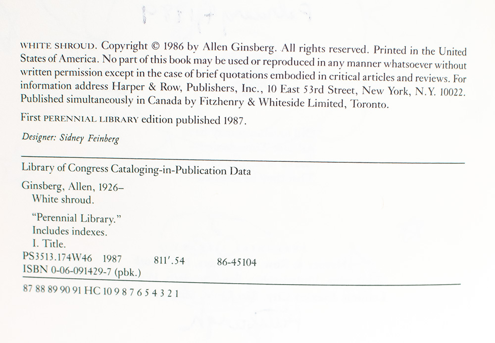 White Shroud Poems 1980-1985.