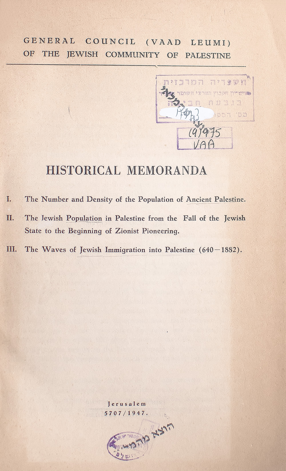 Historical Memoranda. I. The Number and Density of the Population of Ancient Palestine. II. The Jewish Population in Palestine from the Fall of the Jewish State to the Beginning of Zionist Pioneering. III. The Waves of Jewish Migration into Palestine (640-1882).