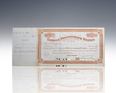 Thomas Edison Signed Edison Phonograph Works Stock Certificate.