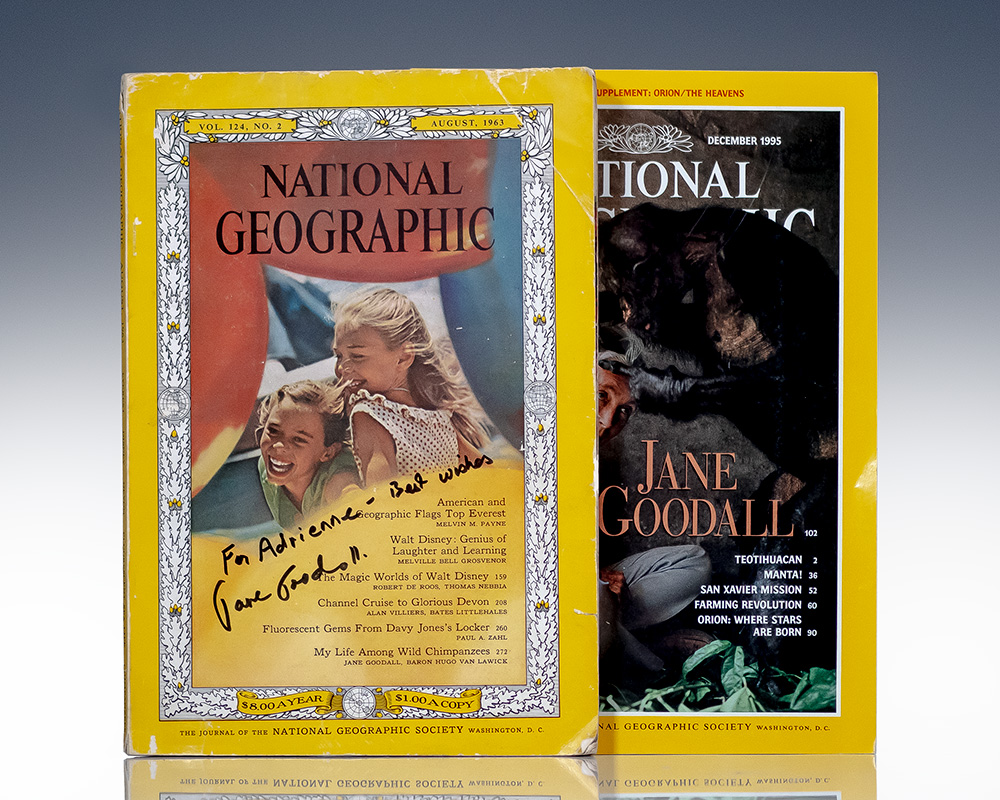 Jane Goodall Signed 1963 National Geographic Magazine. [with] 1995 National Geographic Magazine with Jane Goodall Cover Photo.