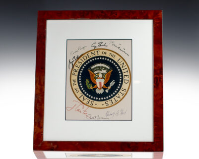 Official Seal of the President of the United States Photograph Signed By Richard Nixon, Gerald R. Ford, Jimmy Carter, Ronald Reagan, George Bush, Bill Clinton, and George W. Bush.
