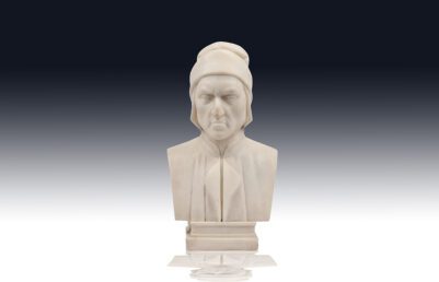 Marble bust sculpture of a man wearing a hooded robe