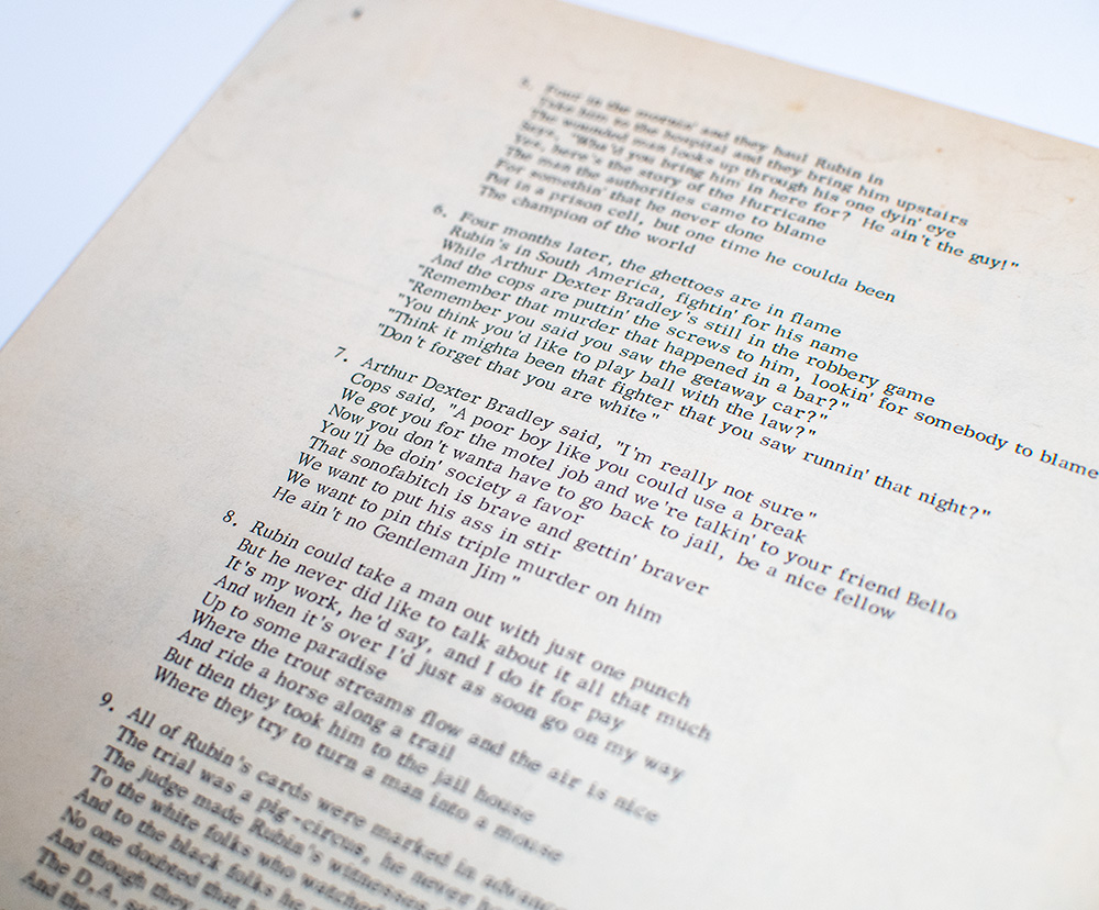 Bob Dylan Signed Sheet Music For Hurricane by Bob Dylan and Jacques Levy.