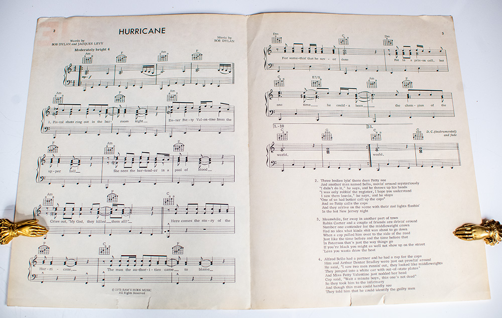 Bob Dylan Signed Sheet Music For Hurricane by Bob Dylan and Jacques Levy.