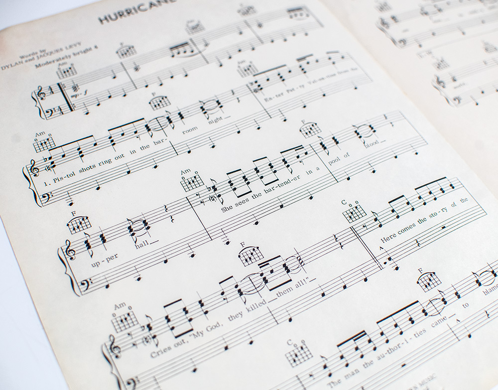 Bob Dylan Signed Sheet Music For Hurricane by Bob Dylan and Jacques Levy.