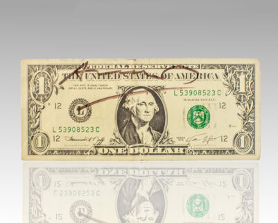 Andy Warhol Signed Miniature Facsimile One Dollar Bill.