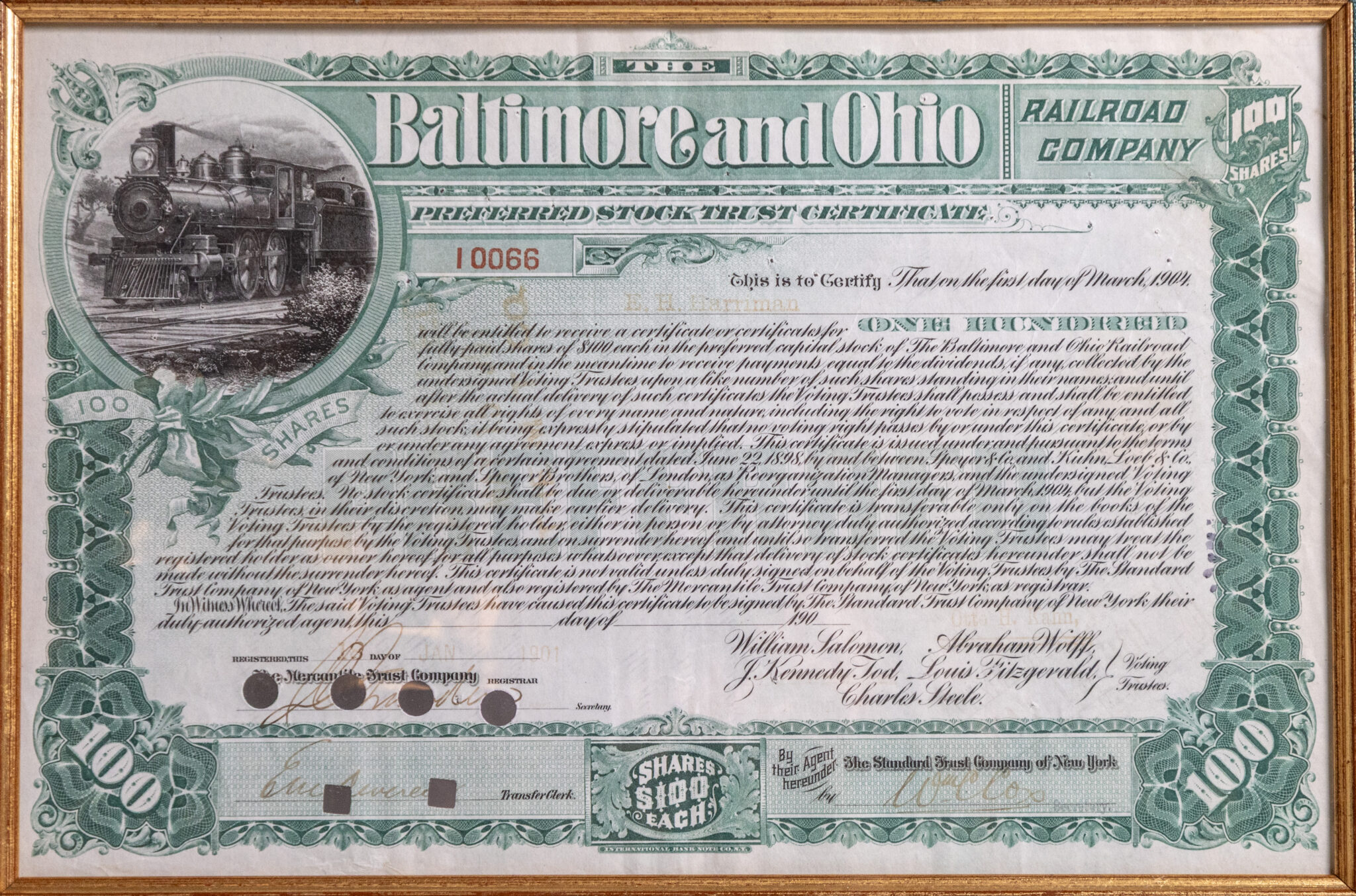 Edward Henry Harriman Signed Stock Certificate for the Baltimore and Ohio Railroad Company.