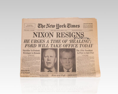 Henry Kissinger Signed "Nixon Resigns" New York Times Newspaper.