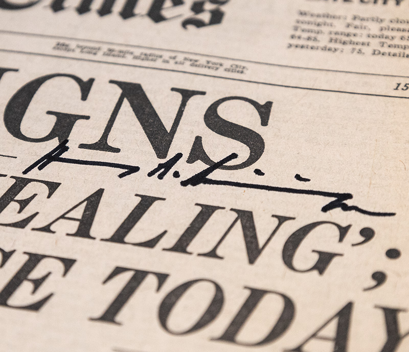 Henry Kissinger Signed "Nixon Resigns" New York Times Newspaper.